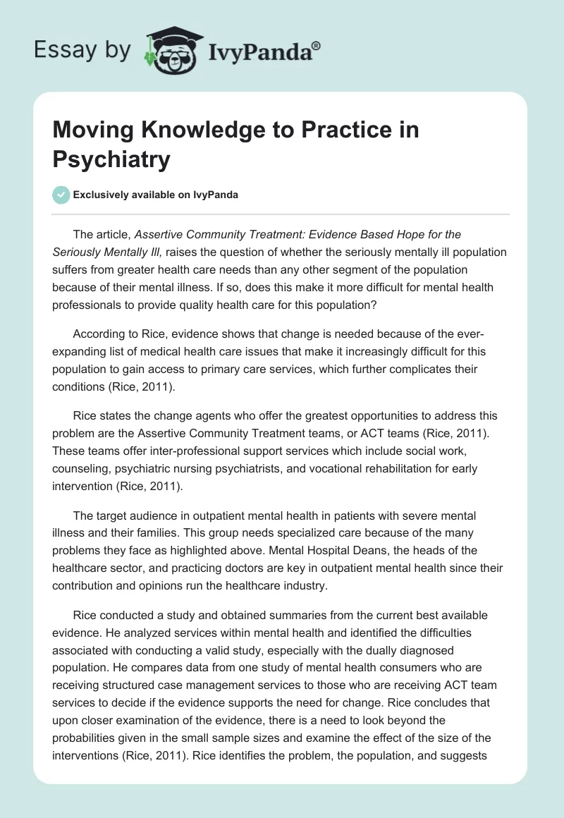 Moving Knowledge to Practice in Psychiatry. Page 1