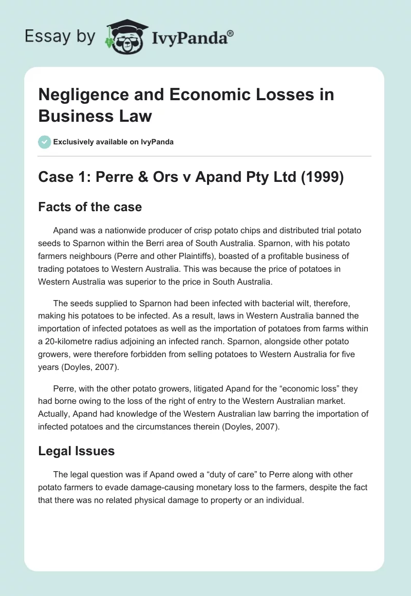 Negligence and Economic Losses in Business Law. Page 1