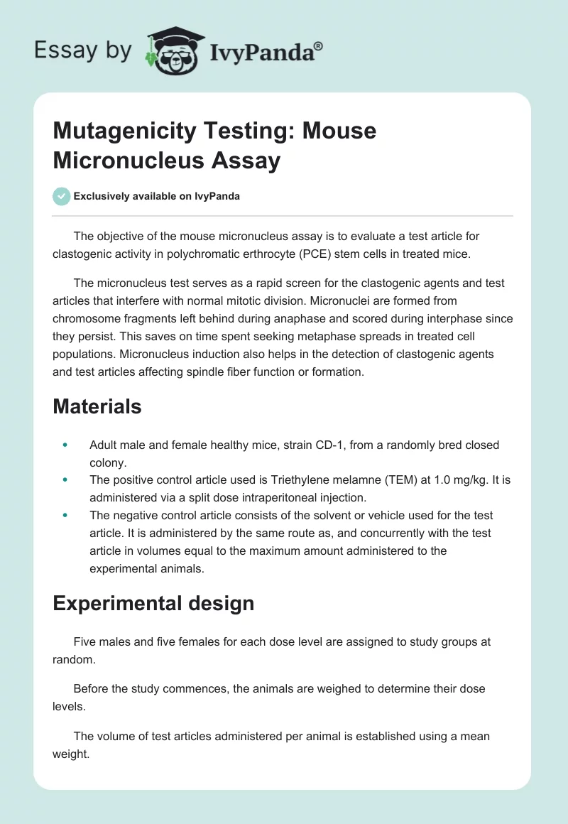 Mutagenicity Testing: Mouse Micronucleus Assay. Page 1