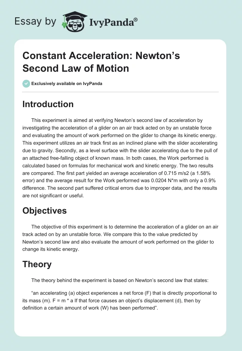 Constant Acceleration: Newton’s Second Law of Motion. Page 1