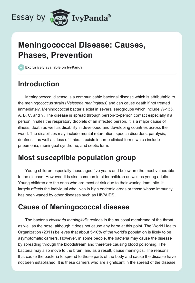 Meningococcal Disease: Causes, Phases, Prevention. Page 1