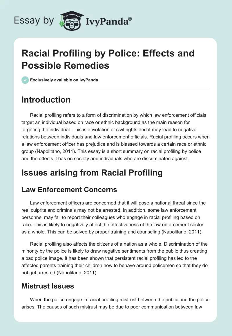 Racial Profiling by Police: Effects and Possible Remedies. Page 1