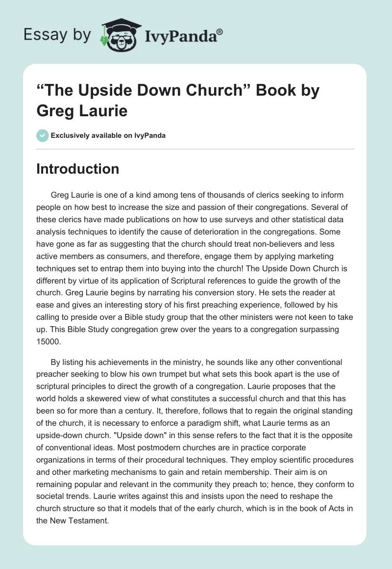 “The Upside Down Church” Book by Greg Laurie. Page 1