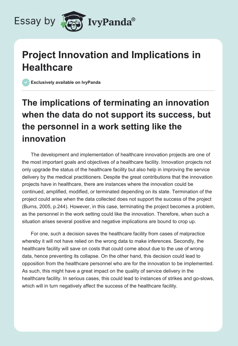 Project Innovation and Implications in Healthcare. Page 1