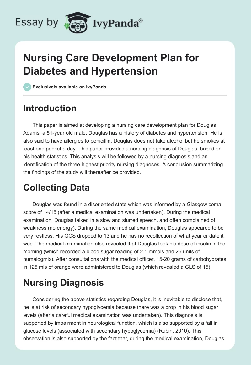 Nursing Care Development Plan for Diabetes and Hypertension. Page 1