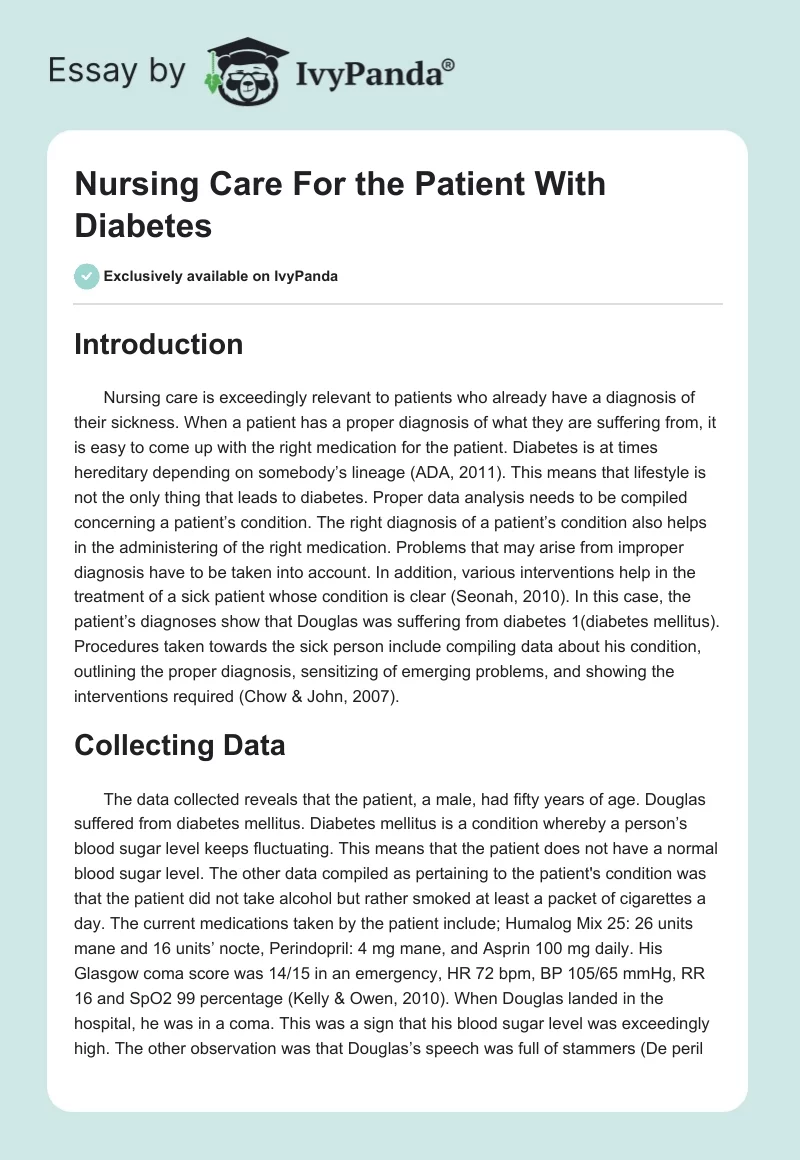 Nursing Care For the Patient With Diabetes. Page 1