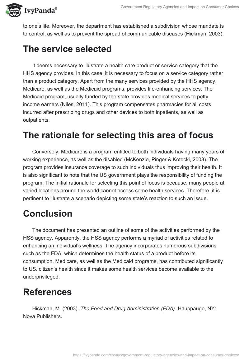 Government Regulatory Agencies and Impact on Consumer Choices. Page 2