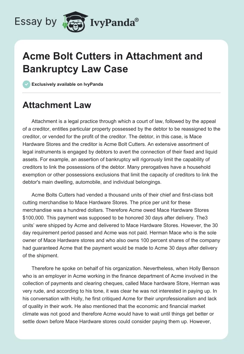 Acme Bolt Cutters in Attachment and Bankruptcy Law Case. Page 1
