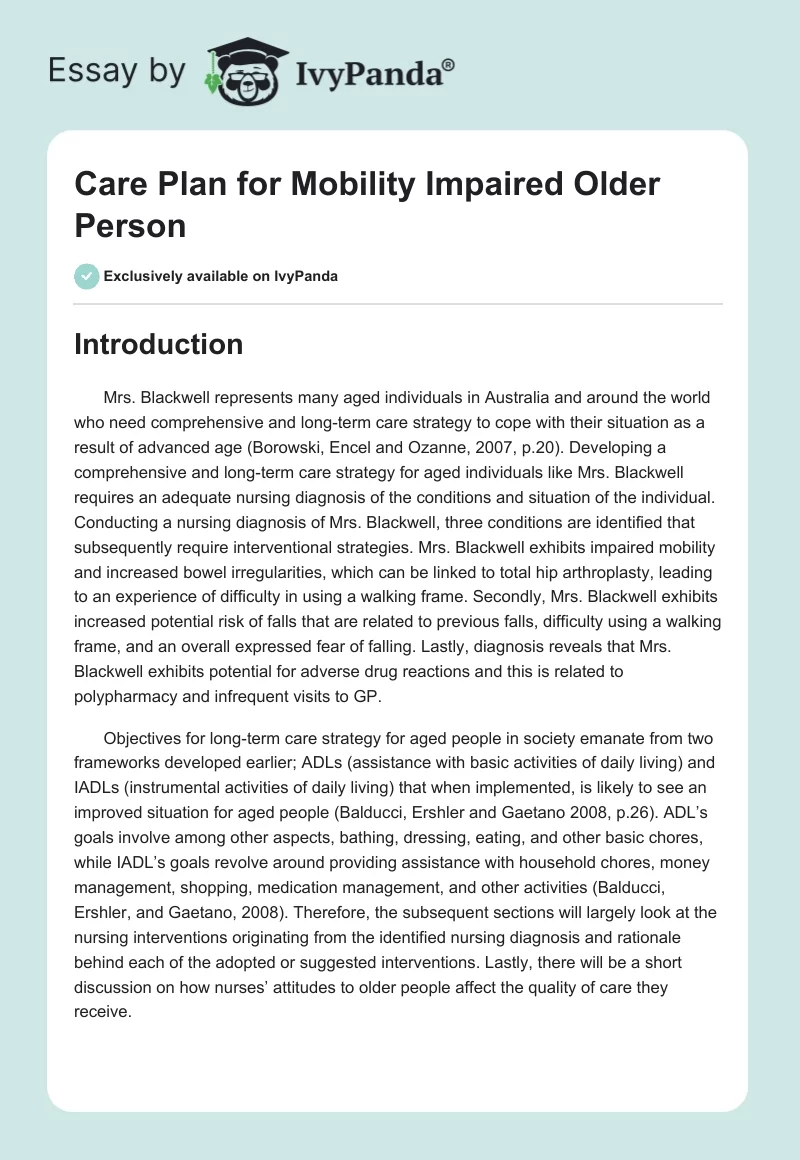 Care Plan for Mobility Impaired Older Person. Page 1