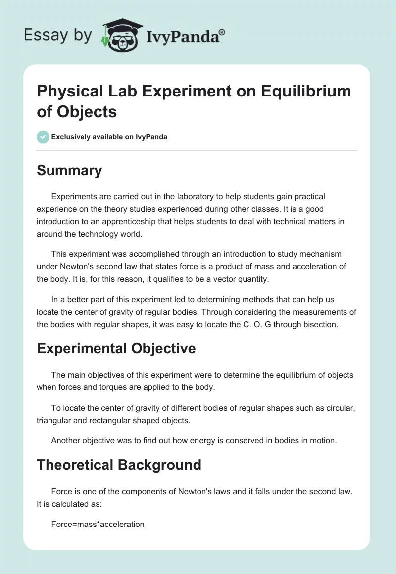 Physical Lab Experiment on Equilibrium of Objects. Page 1