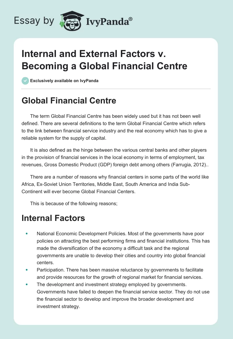 Internal and External Factors v. Becoming a Global Financial Centre. Page 1