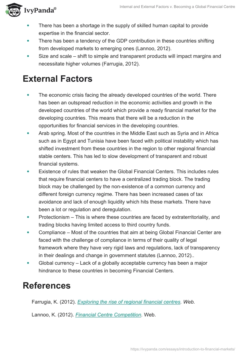 Internal and External Factors v. Becoming a Global Financial Centre. Page 2