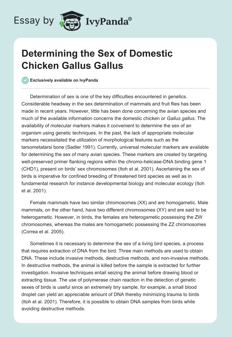 Determining the Sex of Domestic Chicken Gallus Gallus. Page 1