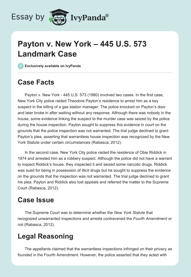 Payton v. New York – 445 U.S. 573 Landmark Case. Page 1