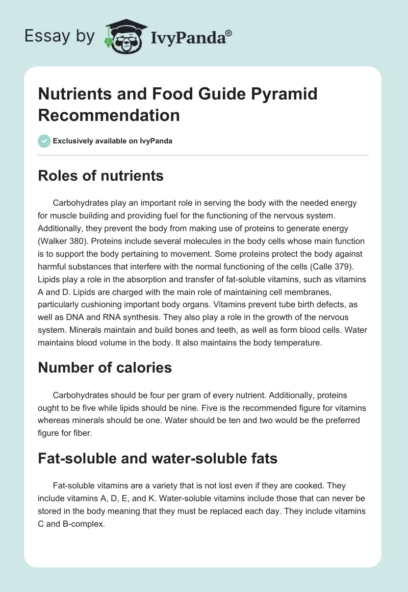 Nutrients and Food Guide Pyramid Recommendation. Page 1