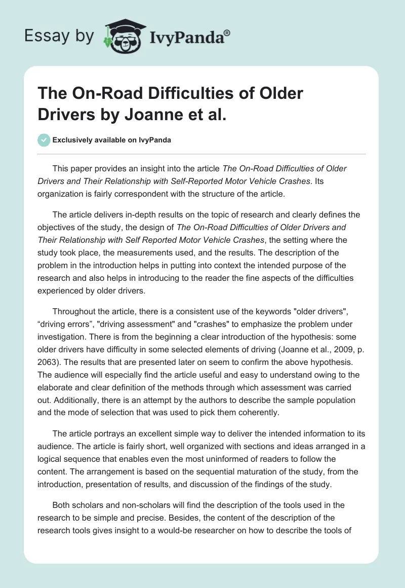 "The On-Road Difficulties of Older Drivers" by Joanne et al.. Page 1