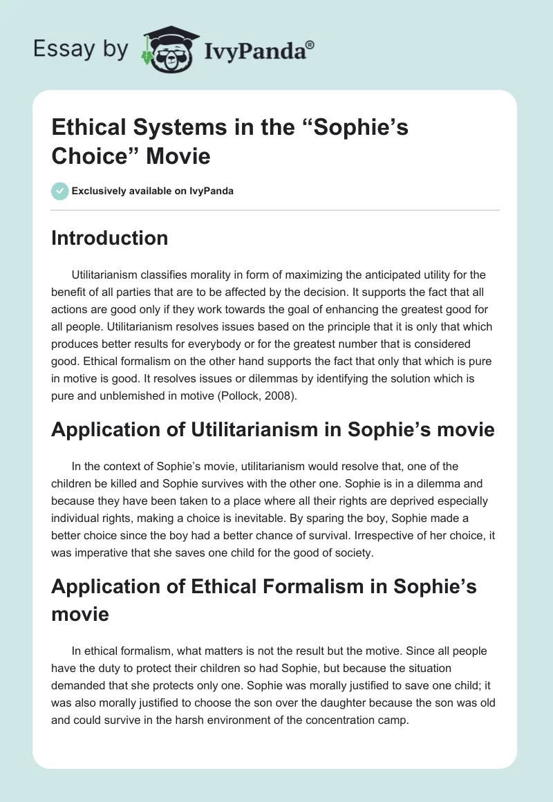Ethical Systems in the “Sophie’s Choice” Movie. Page 1