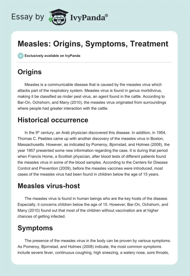 Measles: Origins, Symptoms, Treatment. Page 1