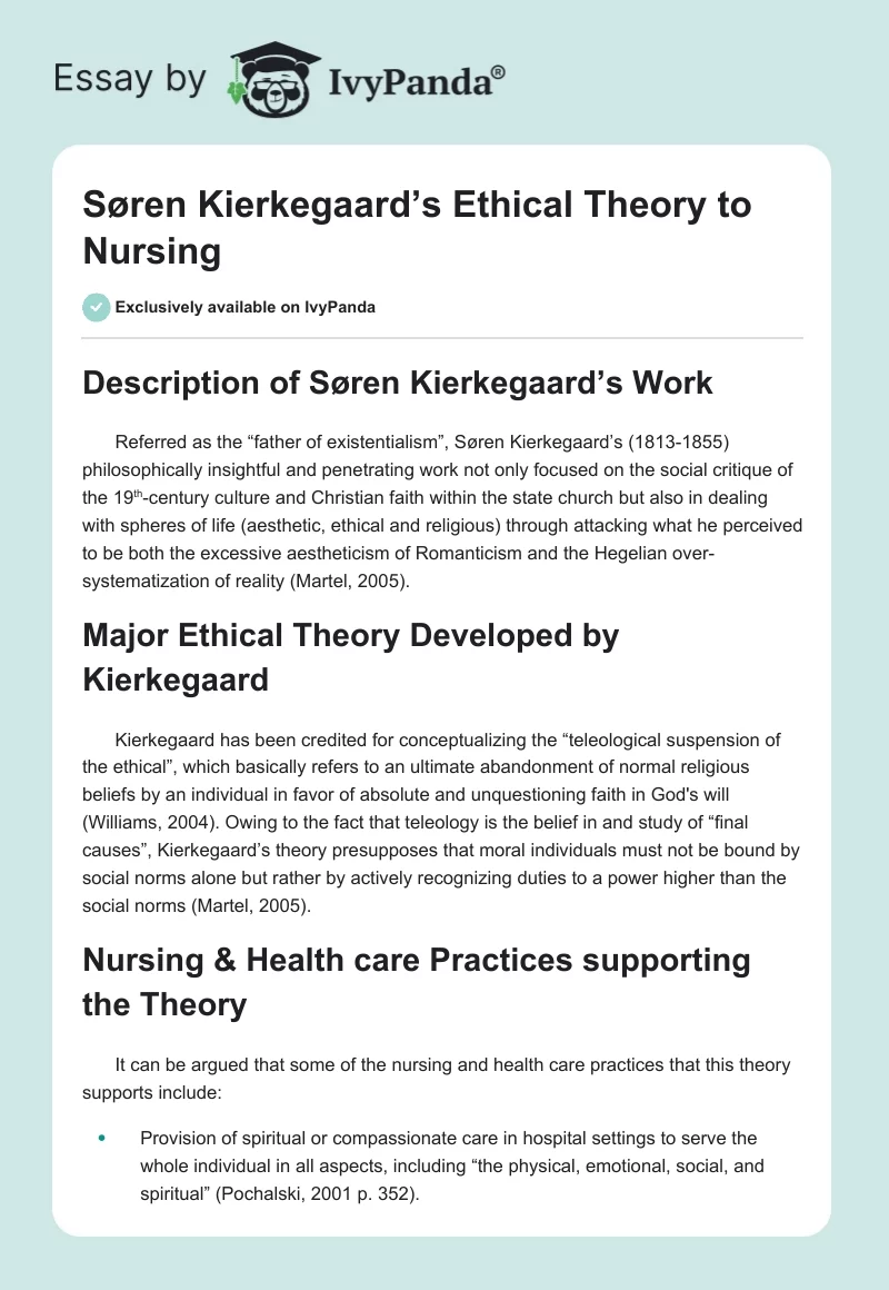 Søren Kierkegaard’s Ethical Theory to Nursing. Page 1