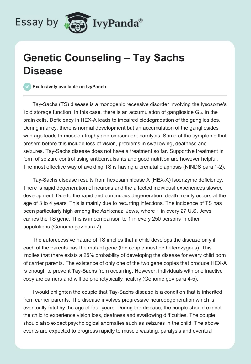Genetic Counseling – Tay Sachs Disease. Page 1