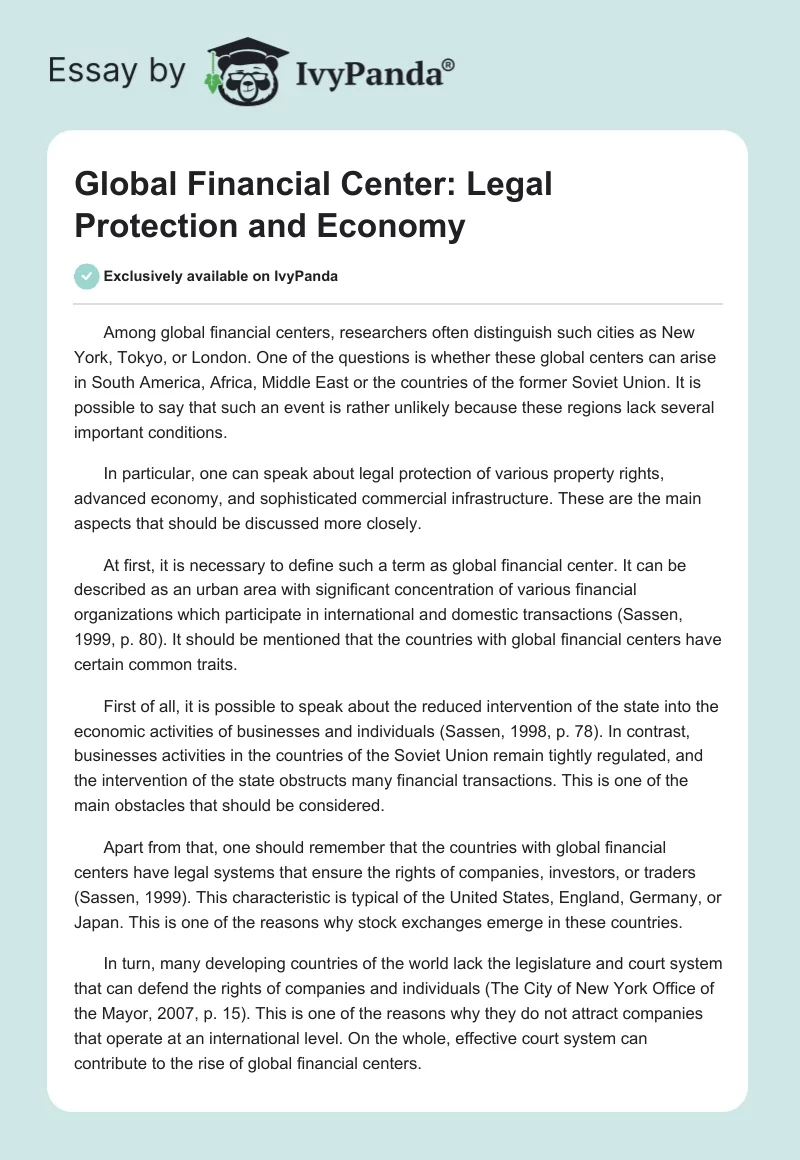 Global Financial Center: Legal Protection and Economy. Page 1