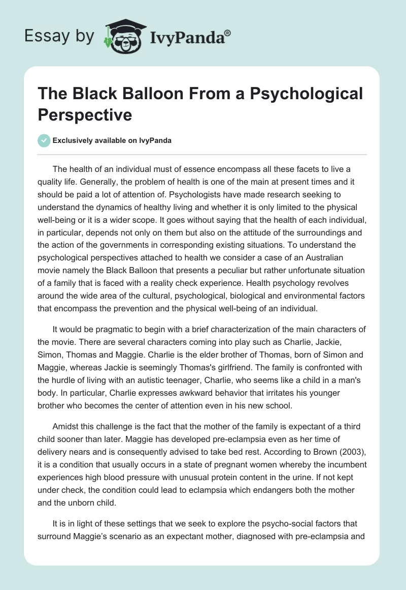 "The Black Balloon" From a Psychological Perspective. Page 1
