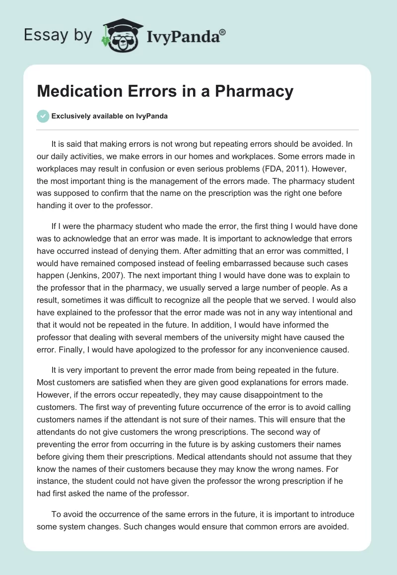 medication errors reflection essay