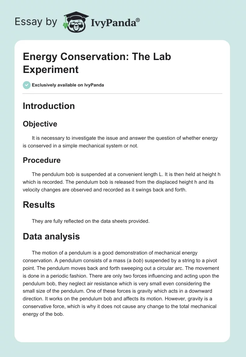 Energy Conservation: The Lab Experiment. Page 1