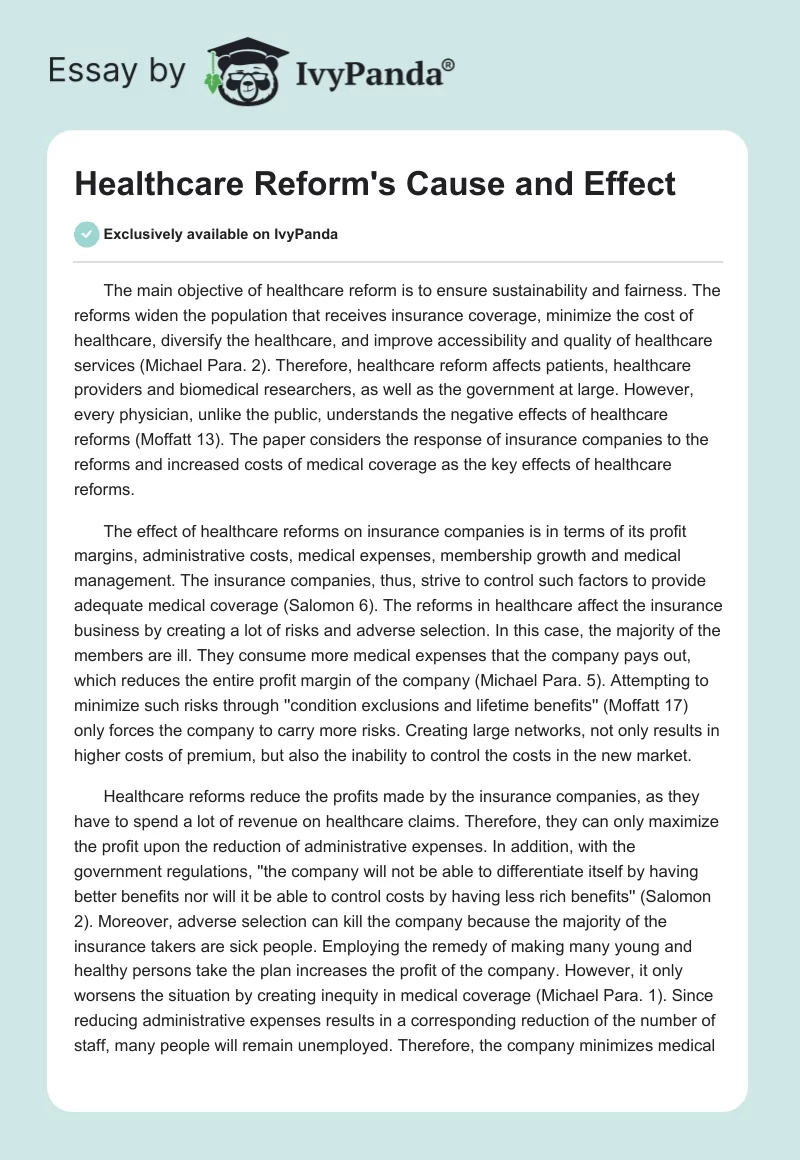 Healthcare Reform's Cause and Effect. Page 1
