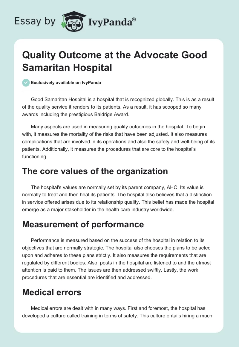 Quality Outcome at the Advocate Good Samaritan Hospital. Page 1