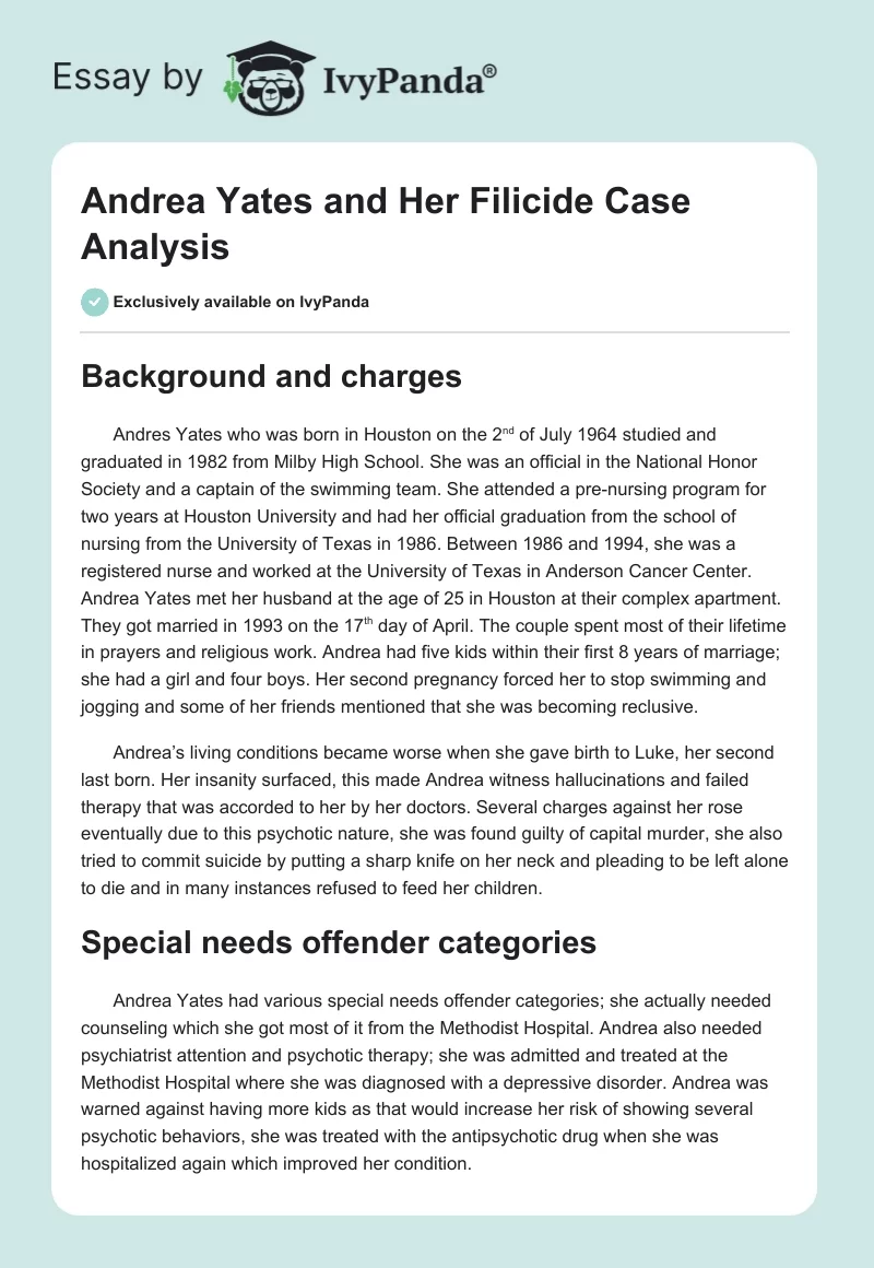 Andrea Yates and Her Filicide Case Analysis. Page 1