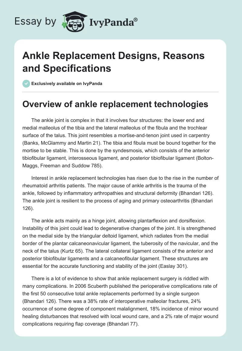 Ankle Replacement Designs, Reasons and Specifications. Page 1