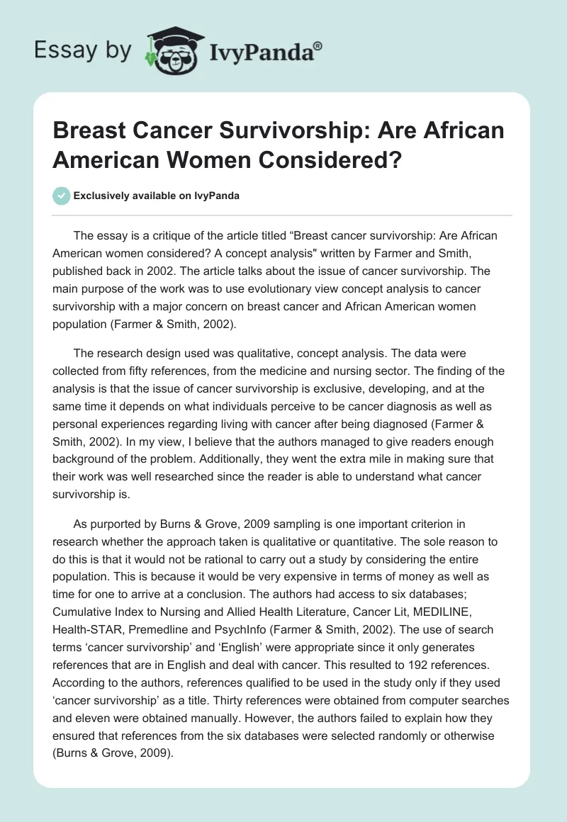 Breast Cancer Survivorship: Are African American Women Considered?. Page 1