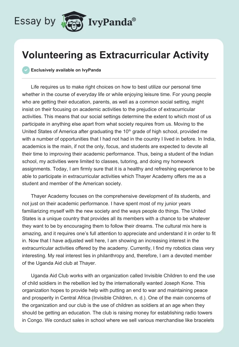 Volunteering as Extracurricular Activity 580 Words Essay Example
