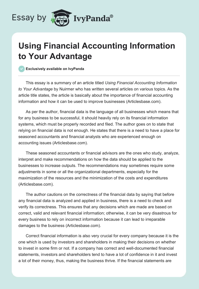 Using Financial Accounting Information to Your Advantage. Page 1