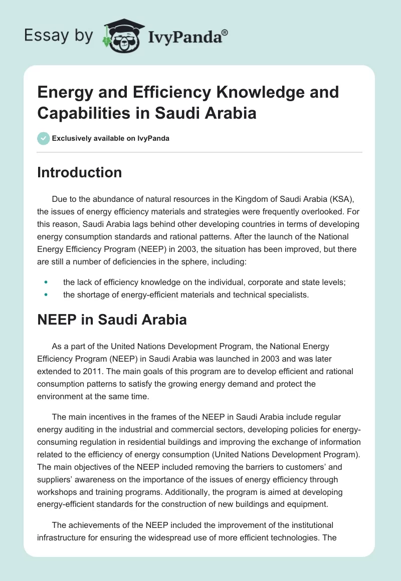 Energy and Efficiency Knowledge and Capabilities in Saudi Arabia. Page 1