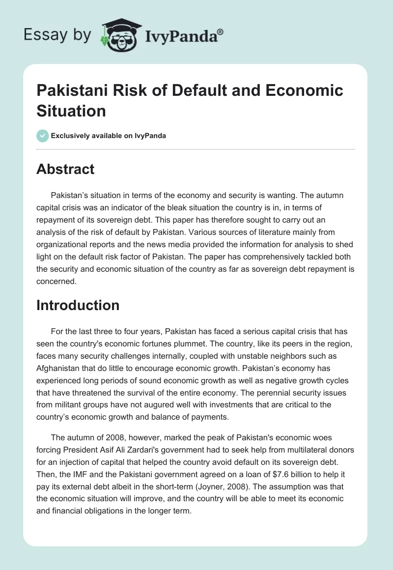 Pakistani Risk of Default and Economic Situation. Page 1