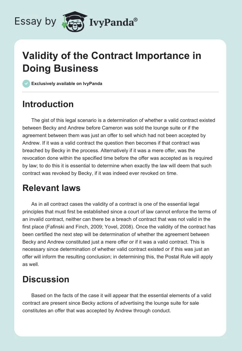 Validity of the Contract Importance in Doing Business. Page 1