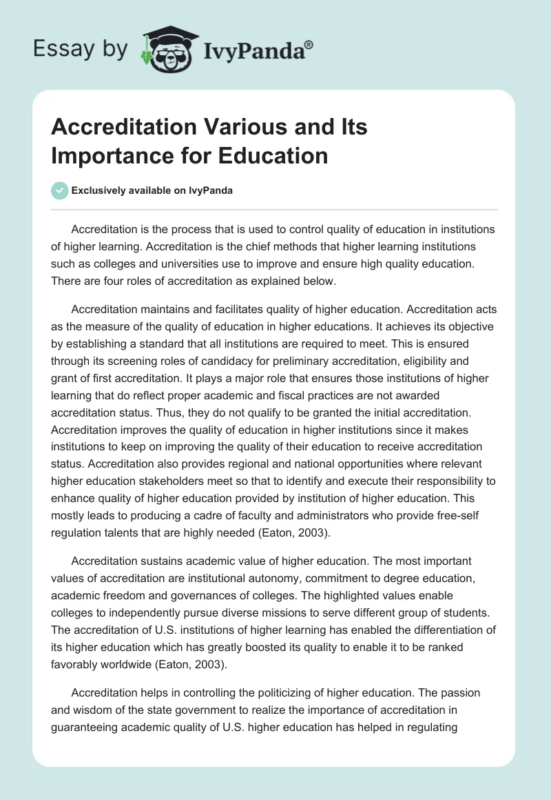 Accreditation Various and Its Importance for Education. Page 1