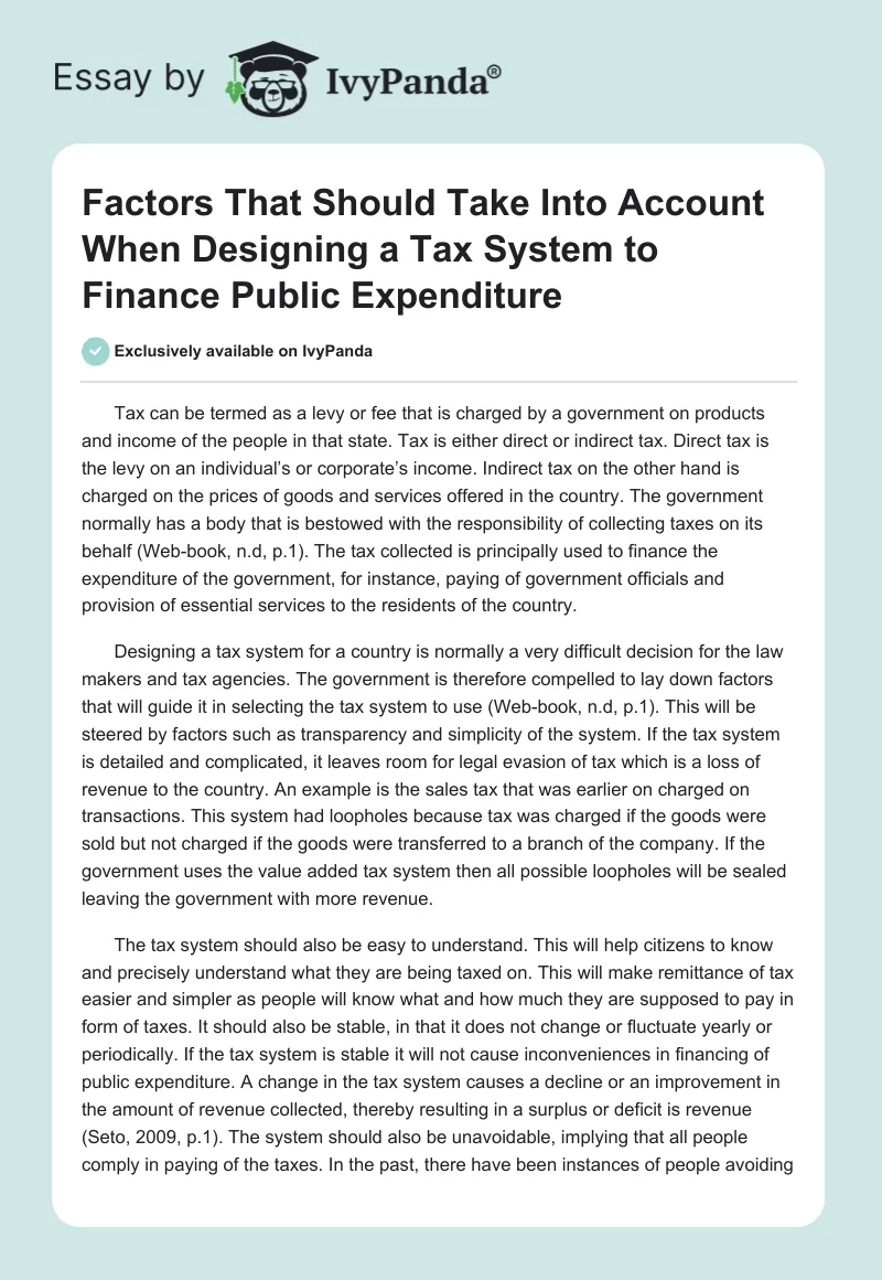 Factors That Should Take Into Account When Designing a Tax System to Finance Public Expenditure. Page 1