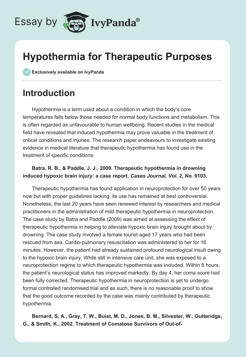 Hypothermia for Therapeutic Purposes. Page 1