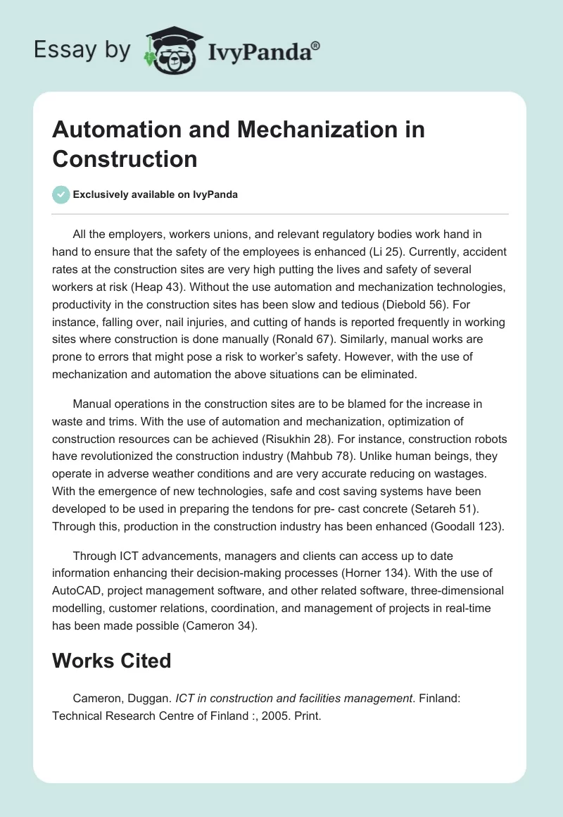 Automation and Mechanization in Construction. Page 1