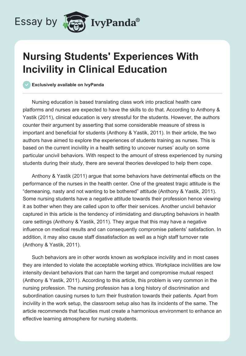 Nursing Students' Experiences With Incivility in Clinical Education. Page 1