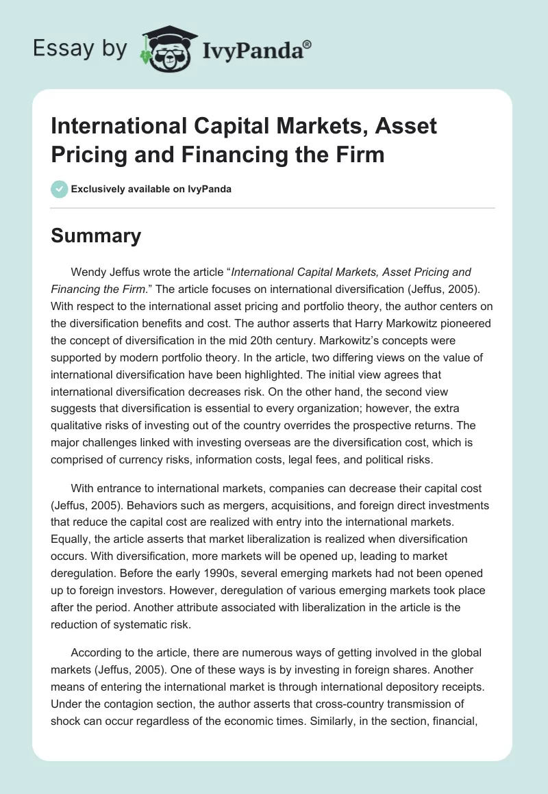 International Capital Markets, Asset Pricing and Financing the Firm. Page 1