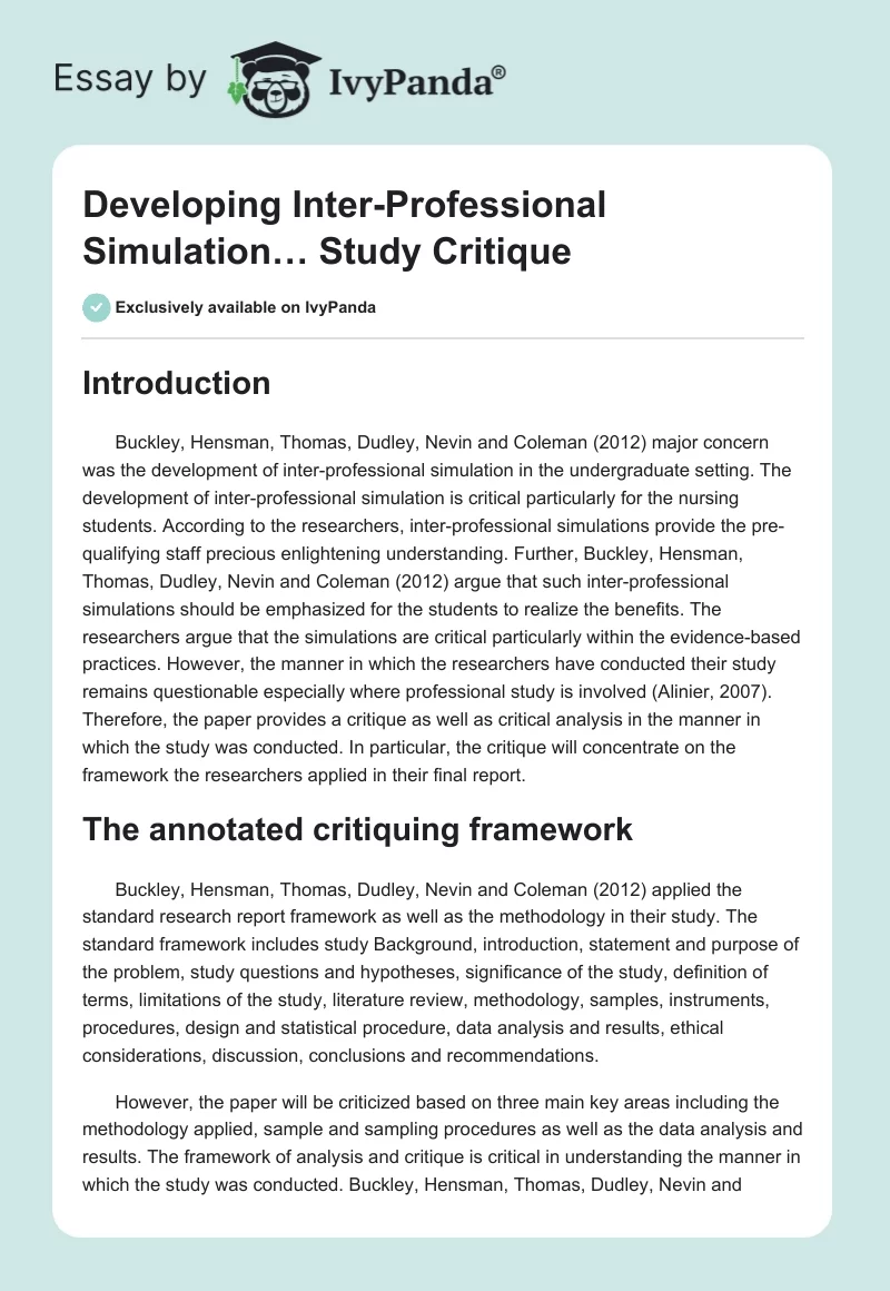 "Developing Inter-Professional Simulation…" Study Critique. Page 1