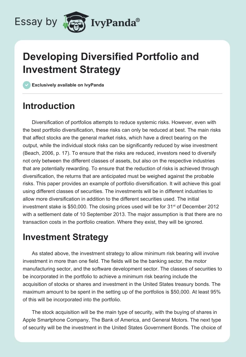 Developing Diversified Portfolio and Investment Strategy. Page 1