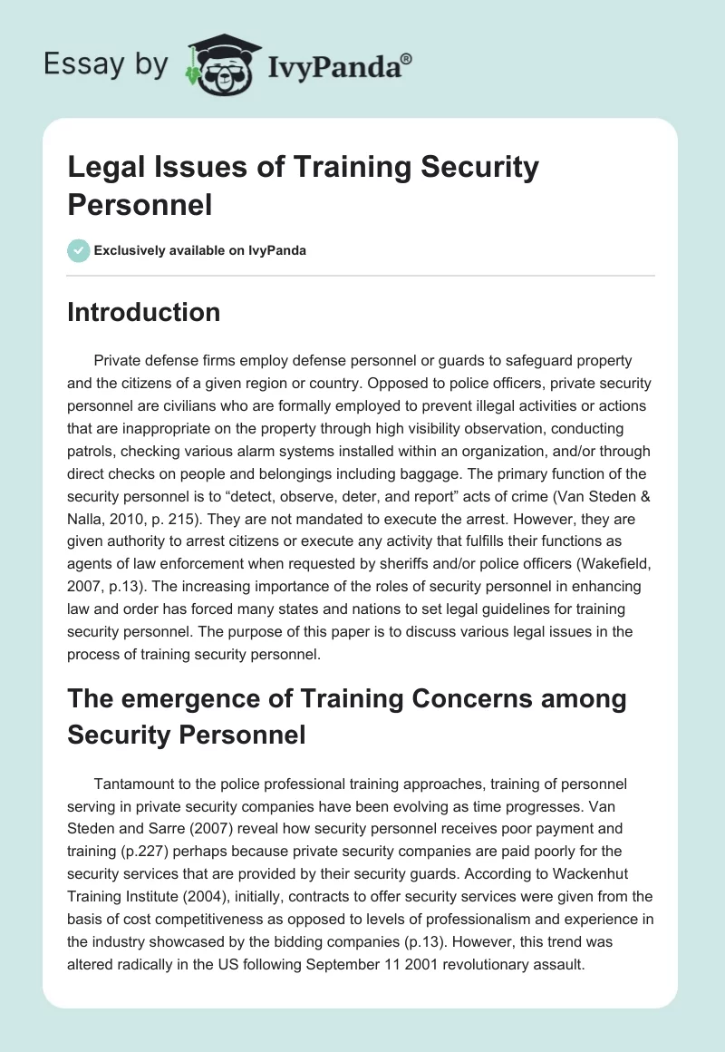 Legal Issues of Training Security Personnel. Page 1