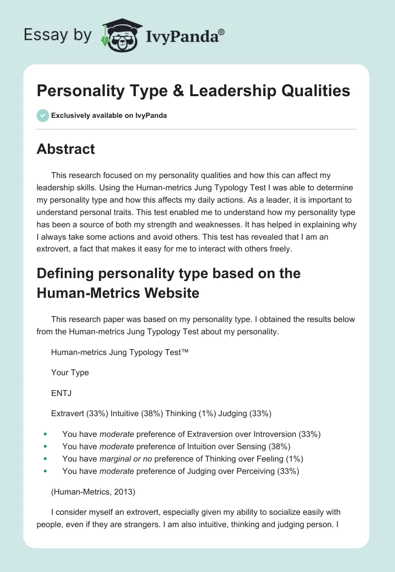 Personality Type & Leadership Qualities. Page 1