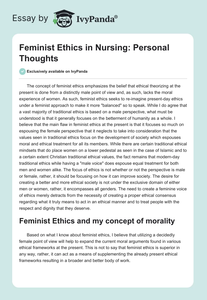 Feminist Ethics in Nursing: Personal Thoughts. Page 1