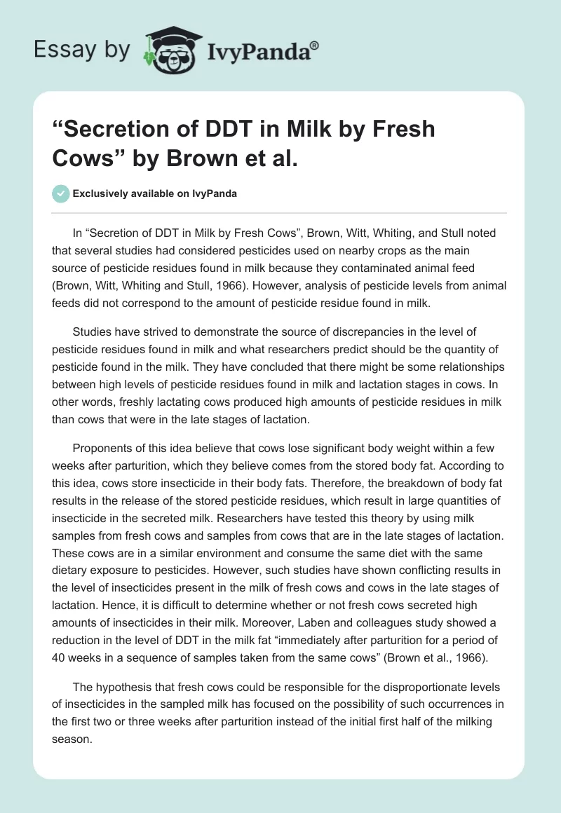 “Secretion of DDT in Milk by Fresh Cows” by Brown et al.. Page 1